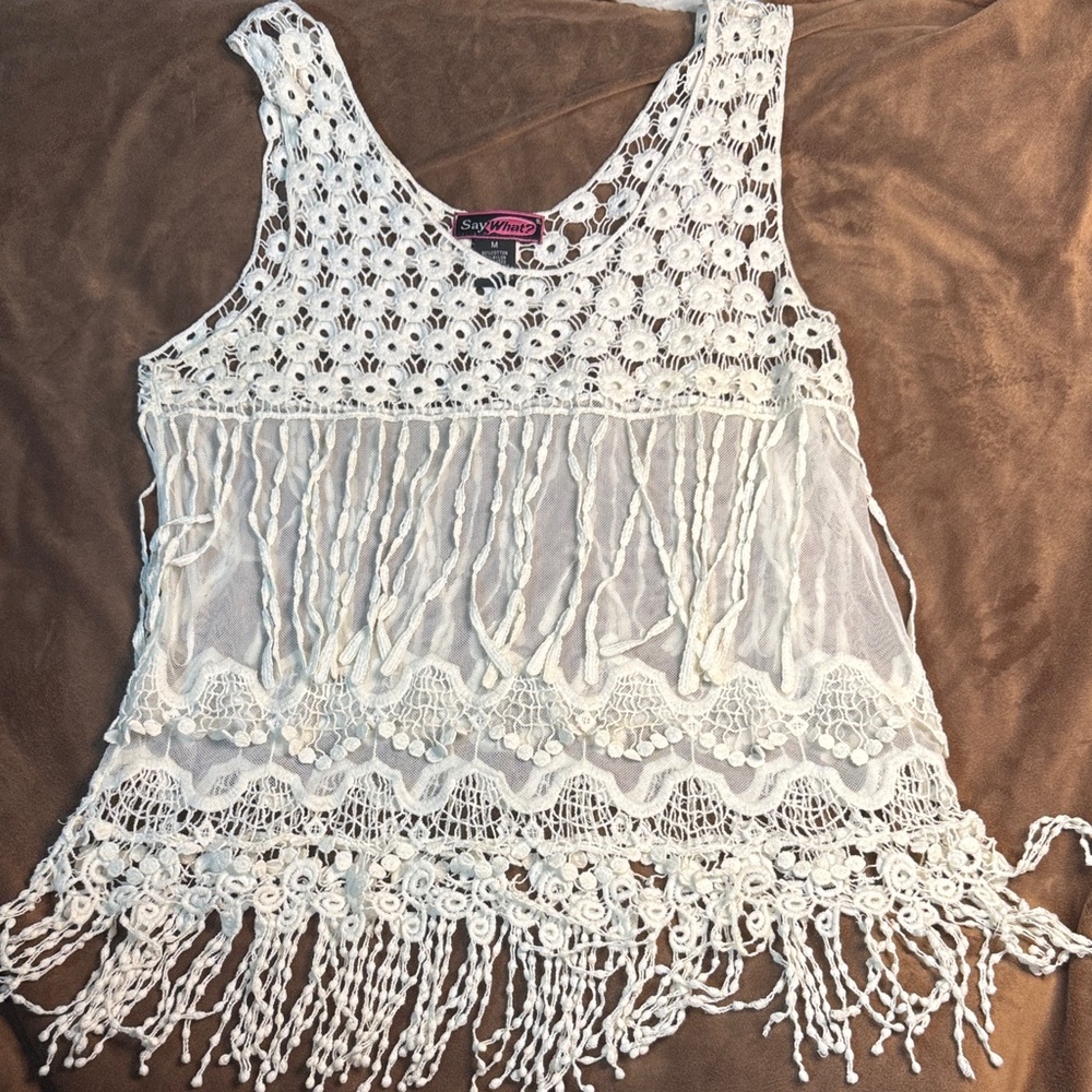 Say What? White Crochet Fringe Tank Top